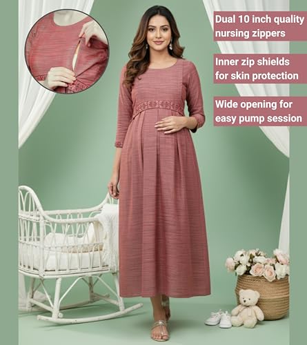 Image of DUMMY SHAPE Maternity Gown for Women | Floral Anarkali Flare Kurta with Dual Nursing Zippers | Pregnancy & Breastfeeding | Feeding Kurtis | Baby Shower | Mom to Be Gifts for Pregnant Woman Maroon