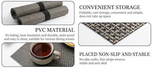 Image of Dribble Premium Anti UV-Mesh Woven PVC Table Placemats Set of 6 - Non-Slip, Heat Resistant, Washable Dining Table Mats for Kitchen, Dining & Office - 45cm X 30cm Durable Textured Design (Black)