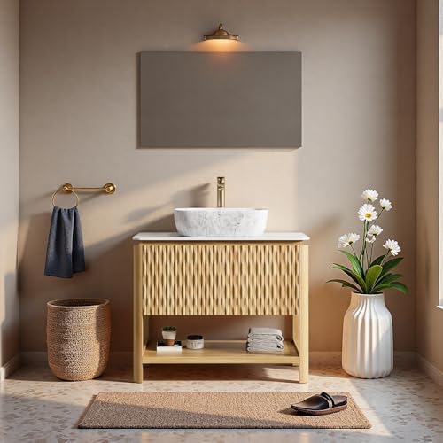 Image of 36 inch Bathroom Vanity with Sink, Freestanding Bathroom Storage Cabinet with Marble-Pattern Ceramic Basin & 2 Bamboo Texture Doors, Floor Stand Vanity Combo with Bottom Open Shelf, Natural