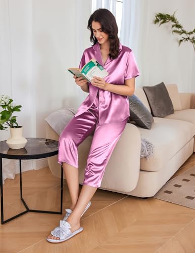 Image of Ekouaer Womens Satin Pajamas Silk Capri Pjs 2 Piece Lounge Sets Short Sleeve Button Down Sleepwear