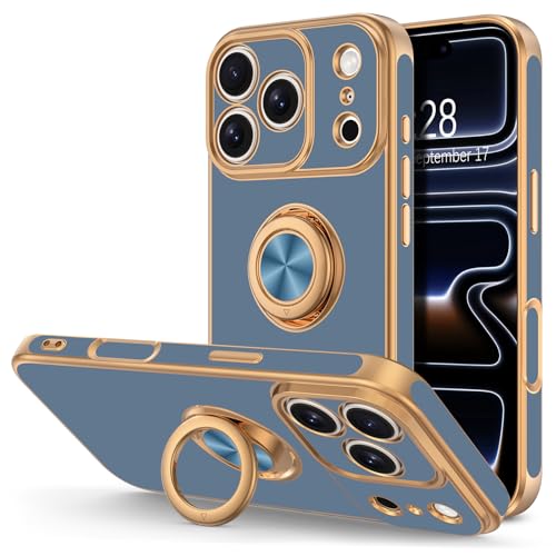 Coque iPhone 17 Pro Max bleu gris avec anneau rotatif et béquille magnétique