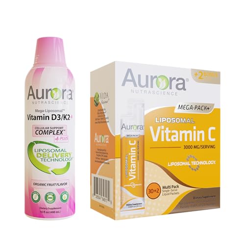 Aurora Nutrascience Mega Liposomal Vitamin C, 3,000 mg per Serving, Immune Support & Mega-Liposomal D3/K2 with Vitamin C for Calcium Absorption & Immune Support