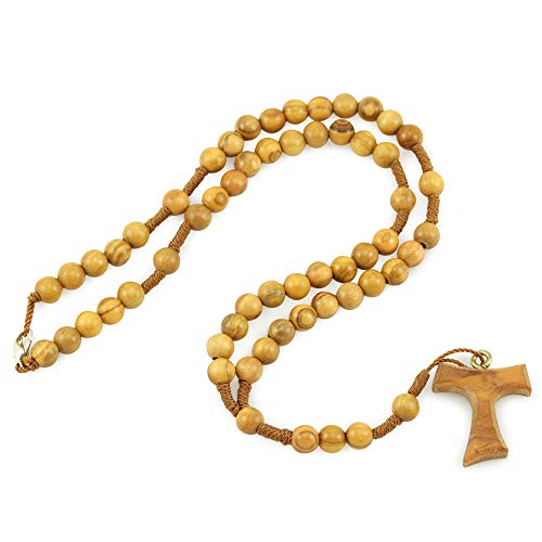 Olive Wood Rosary Necklace with Tau Cross for Men and Women - Handmade Wooden Catholic Prayer Beads