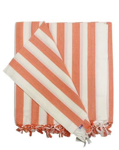 Image of Arvore Bunkaar Pure Handloom 100% Soft Desi Bamboo Viscose Soft Bhagalpuri Andi Chadar /Summer Blanket /Khes /Top Sheet /AC Blanket /Odhne wali Chadar (Orange White, Striped, 1, Bhagalpuri Chadar)