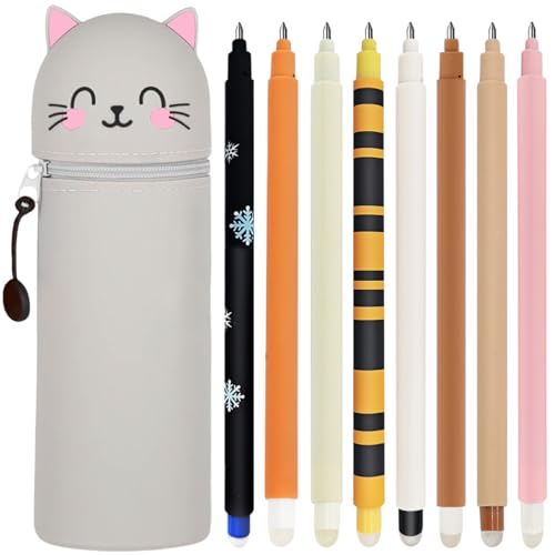 Set mit 8 radierbaren Gelstiften + Kawaii 2 in 1 Federmäppchen Katzen mit thermoempfindlicher Radiertinte, verschiedene ...