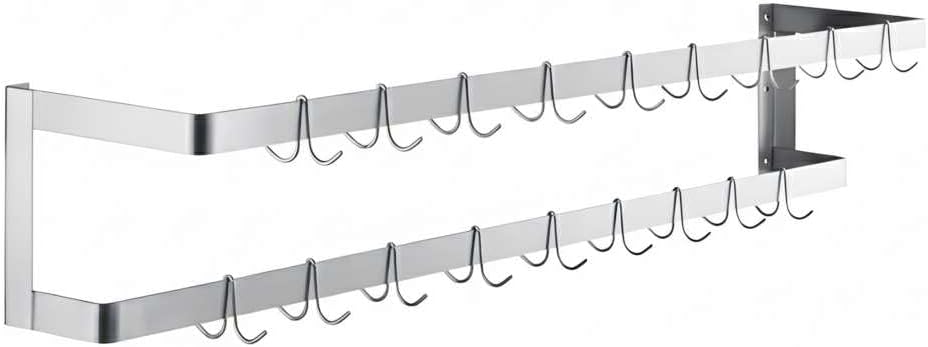 48" Stainless Steel Wall Mounted Pot Rack, Double Line Design with 18 Hooks for Cookware, NSF