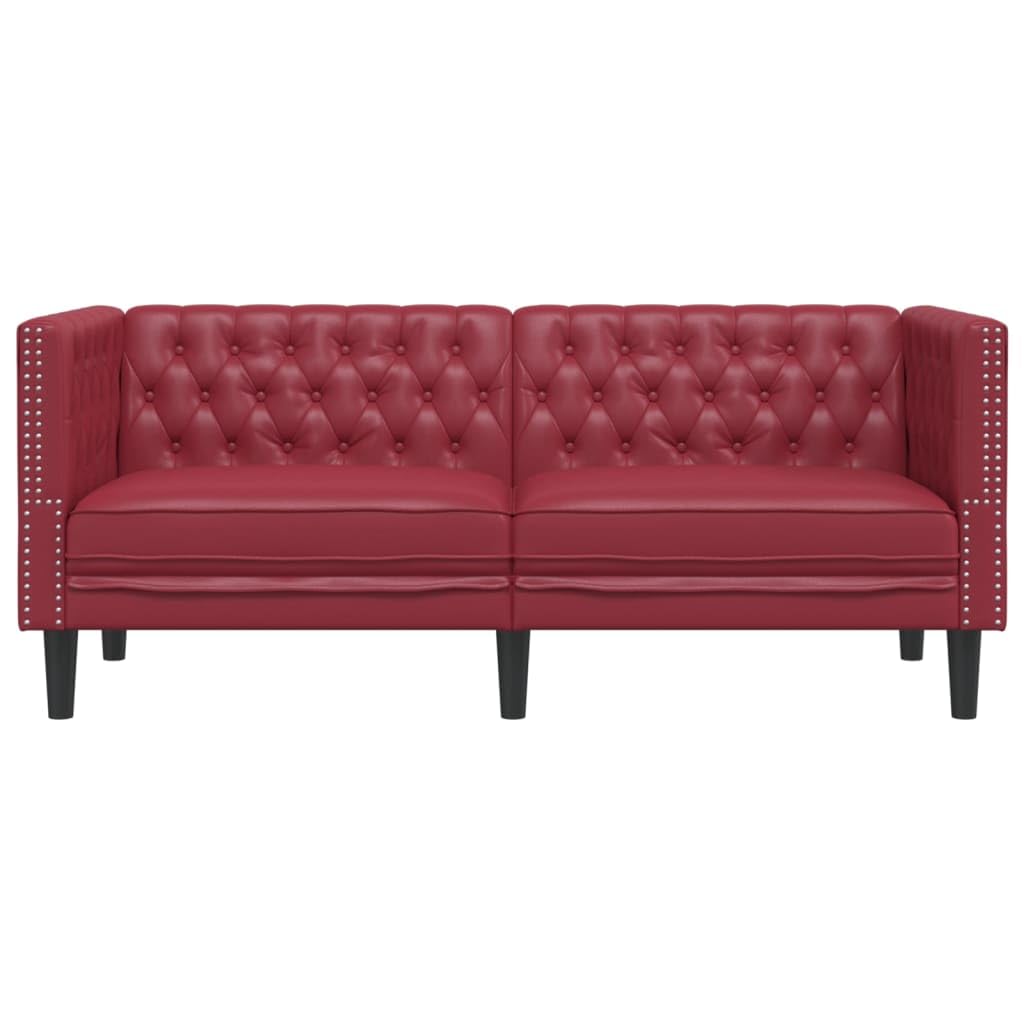 Comoda poltrona Chesterfield in similpelle vinaccia, con classica cucitura a bottoni e forma imbottita per una comoda seduta a 2 posti