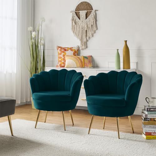 Image of HULALA HOME Modern Velvet Accent Chairs Set of 2 with Shell Shaped Back, Cute Living Room Bedroom Armchairs Sofa Chairs with Gold Legs, Comfy Upholstered Vanity Chairs for Makeup Room, Blue
