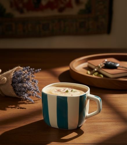 Image of DATA Ceramic Zen Stripes Hand Painted Coffee Mugs in Dark Green Lines, Set of 6, 199 Ml