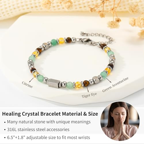 Image of Natural Healing Crystal Bracelet for Women, Triple Protection Anxiety Relief New Beginnings Good Luck Empath Protection Jewelry Gift for Friends Daughter Mom 6.5+1.8 Inches