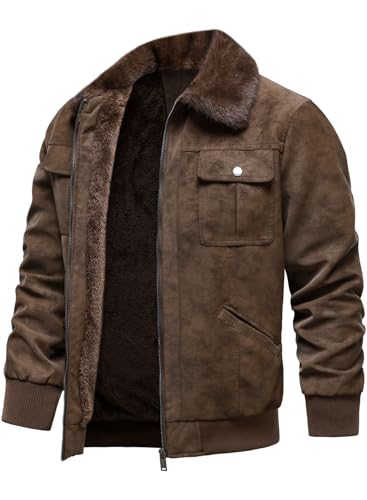 HOOD CREW Mens Faux Suede Bomber Jacket Fur Collar Vintage Leather Jackets Casual Lightweight Winter Warm Fleece Lined Coat4