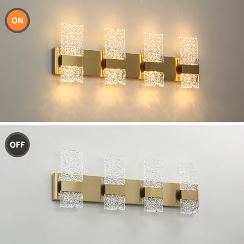 Image of Modern Polished Gold 4 Lights Bathroom Vanity Light, Eleglant LED Bathroom Light Fixtures Over Mirror, Dimmable Acrylic Shade Wall Lighting Fixtures, Hardwired Wall Light(H9.25in, L28.35in)