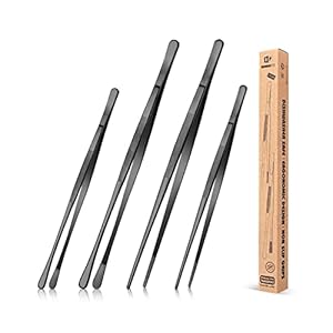 4 Pcs Fine Long Tweezer Tongs Professional Black, 12” and 10” Stainless Steel for Kitchen, Food, Cooking, Repairing, Sea food and BBQ