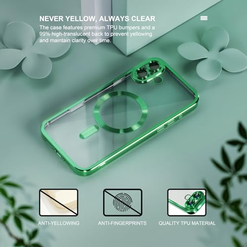 Image of Misea Magnetic for iPhone 16 Case Compatible with MagSafe Green | [Never Yellowing] [Military Drop Protection] Full Camera Lens Protector Plating Soft Clear Phone Case for Women, Green