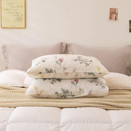 Image of ECOCOTT Floral Pillowcases King Size Set of 2, 100% Washed Cotton Pillow Cases with Envelope Closure, Vintage Botanical Flower Printed Pillow Covers