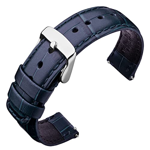 ANNEFIT Bracelets de Montre à Dégagement Rapide, Bracelet Cuir 24mm avec Boucle Argent, Grain d'alligator Gaufré (Bleu) Cover