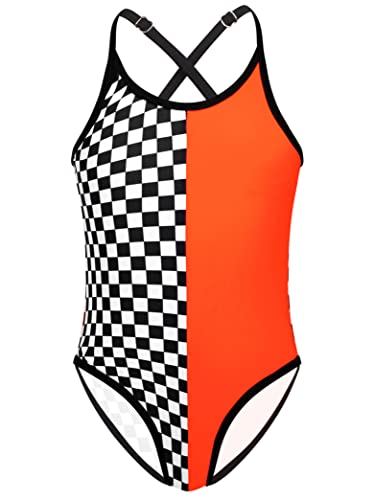 Hedmy Kids Girls Suspender Swimsuit Adjustable Strap Checkerboard One Piece Swimwear with Chest Pads