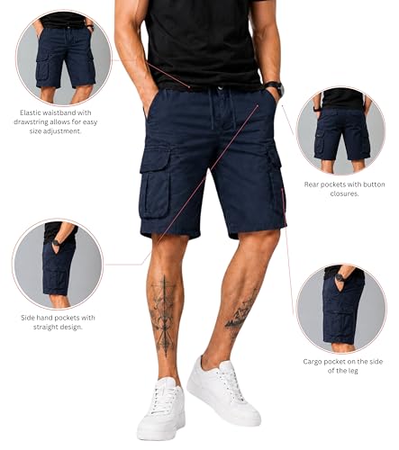Image of L'MONTE Men's Imported Cotton Casual Relaxed Fit Outwear Cargo Shorts with Expandable Elastic Waist and Multi Pockets