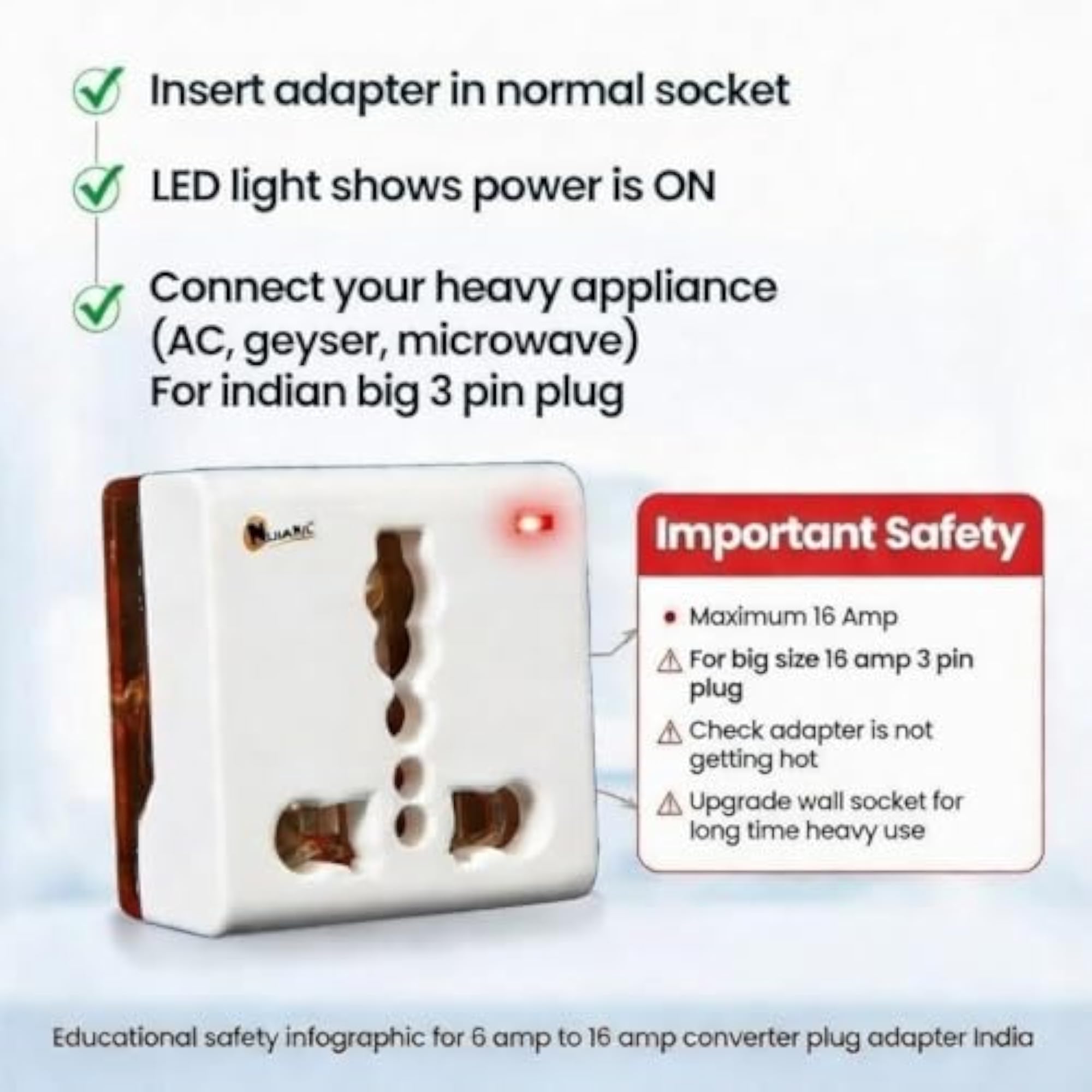 6A to 16A Converter Adapter Plug Induction Cooktop 5A 15A Socket with Indicator Converts Small for AC, Geyser, Microwave & Appliances