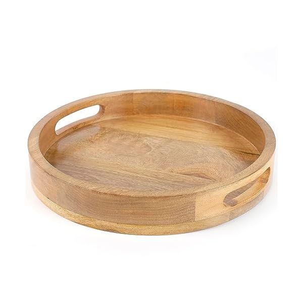 Rustic Wooden Serving Tray - Round Wood Decorative Tray Vintage Centerpiece Candle Holder Trays Farmhouse Ottoman Tray for Kitchen Countertop Home Decor for Coffee Table - 12 Inches
