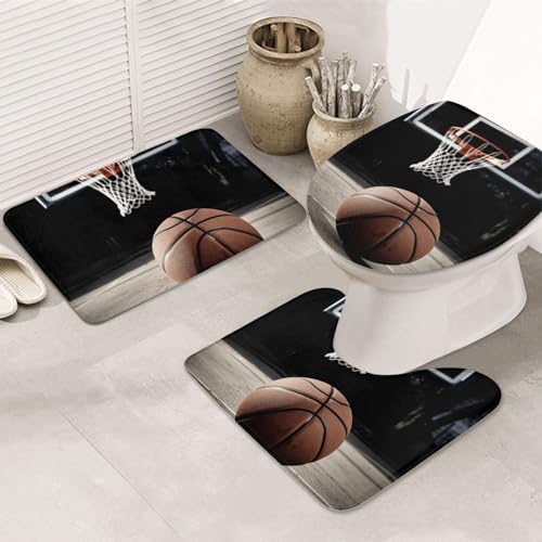 Dwrepo Basketball Print Bathroom Rug Set 3 piece with Non-Slip U-Shaped Contour Mat and Toilet Lid Cover for Bathroom Decoration