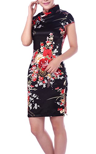 YICHUN Femme Robe Moulante Courte Robe de Soirée Cheongsam Qipao Chinois Fleurs-Noir (FR 40) Cover