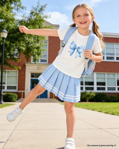 Image of Betusline Girls Skirt Set JK School Uniform 2-Piece Outfit - Short Sleeve & Webbing Solid Skirt,Bow Blue,4-5T = Tag 120