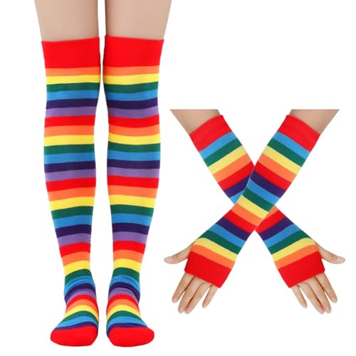 Image of Rainbow Striped Arm Leg Warmers for Women Sleeves Set Rainbow Knee High Socks Warm Fingerless Gloves