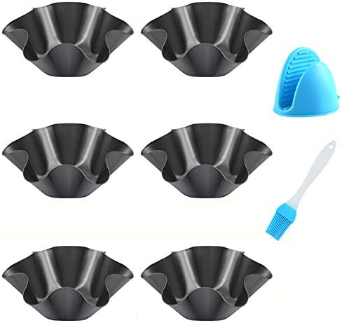 Abgream Tortilla Pan Set - 6 Pack Carbon Steel Non-Stick Taco Salad Bowl Tortilla Shell Maker Black Baking Pans with a Silicone Potholder and a Basting Brush (Small)