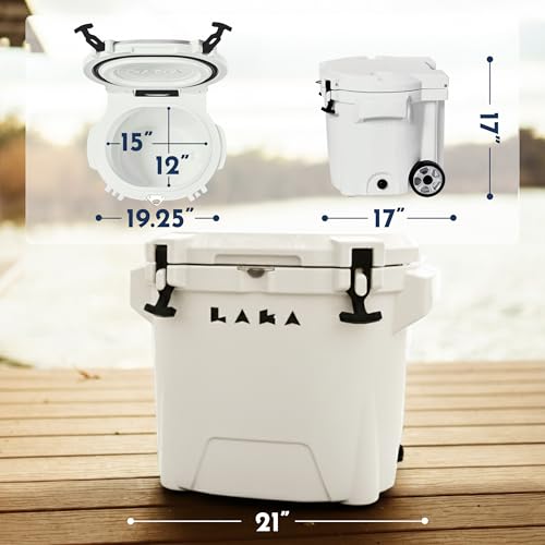 Image of Laka Cooler with Wheels - 30QT Rotomolded Insulated Rolling Hard Cooler, Telescoping Handle, Holds 24 Cans + Ice, Up to 7 Days Cold, Drain Plug, Cup Holders + Bottle Opener, Beach /Camping /Boat