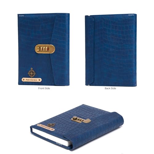 Image of AICA Personalized Name & Charm Leather Lock (Navy Blue) Diary � A5 Size 230 Pages with Combination Lock for Men & Women | Customized Planner Diaries Office Gift Items for Man Husband Father Brother