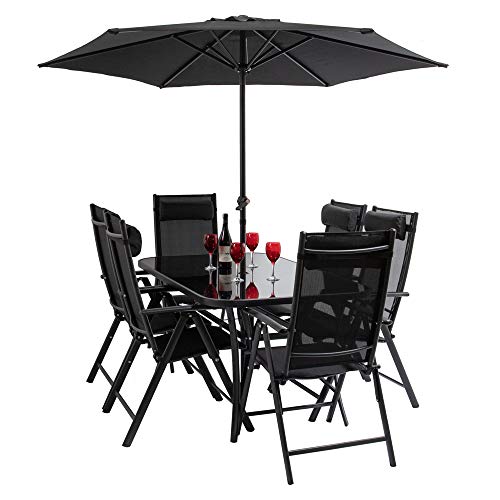 Hectare Polytex 6 Seater Metal Garden Furniture Outdoor Dining Set with Reclining Chairs and Parasol in Black