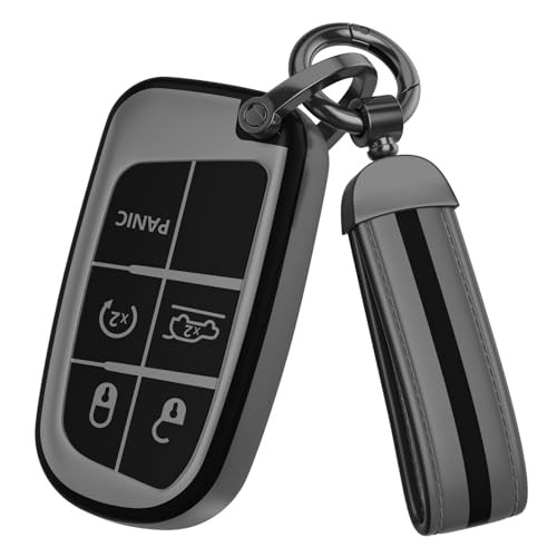for Jeep Key Fob Cover Accessories Matte TPU Material With a Cute Leather Keychain for Grand Cherokee Renegade Dodge RAM Durango Challenger Chrysler 200 300 Fiat Smart (Matte Gray Model-1)