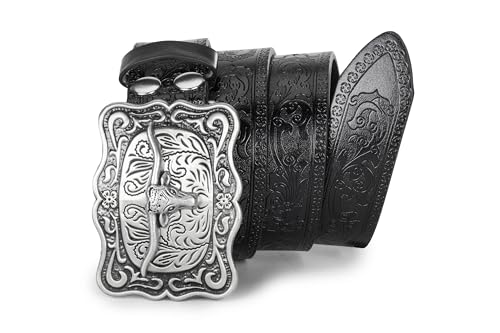 Image of Western-Cowboy-Leather-Belts for Women Turquoise-Oval-Buckle Embossed Belt
