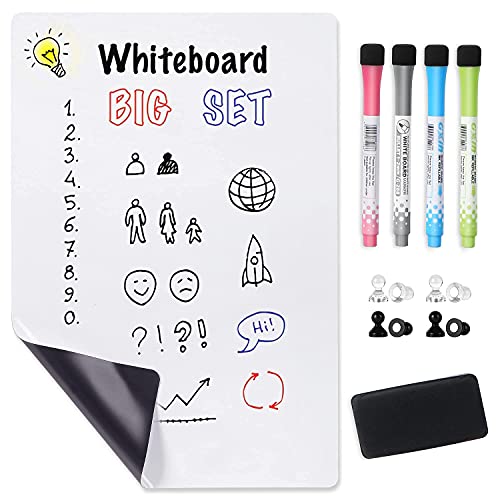 Magnetic Dry Erase Whiteboard Sheet for Fridge, Stain Resistant Technology, 18 x 12 , Includes 4 Markers and Big Eraser with Magnets, Refrigerator White Board Organizer and Planner, for Kids, Family