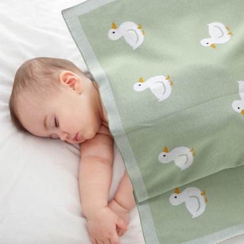 Image of mimixiong Baby Blanket Knit Receiving Boys Girls Blanket Soft Cotton Neutral Blanke for Swaddle Crib Stroller with Cute Sheep (Sage Green-Duck, 30x40 Inch (Pack of 1))