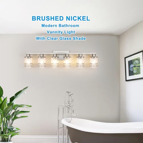 Image of YYT 6-Light Bathroom Vanity Light Brushed Nicekl 6 Light Vanity Lights for Bathroom Light Fixtures Brushed Nicekl with Clear Glass Shade E26 Scoket