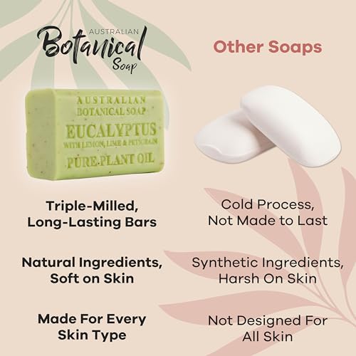 Australian Botanical Soap Eucalyptus with Lemon Lime and Petitgrain 6.6 oz Luxury Soap Bars Enriched with Shea Butter, Pack of 4