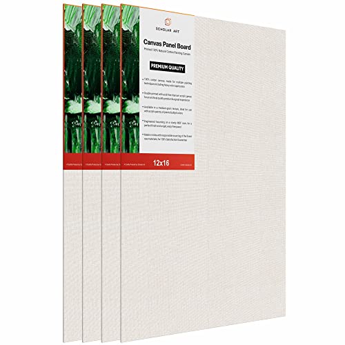 Image of Scholar Art Hobby Series 04 Oz (230 GSM) 100% Cotton Canvas Panel Board for Painting (White Blank Canvas Boards for Acrylic Paint, Oil Paint, Wet & Dry Media) | 12 inchx16 inch (30x40 cm), Pack of 4