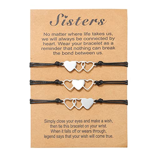 TONAUP Set of 3 Bracelets Sister Heart - Friendship Bracelet Best Friend BFF - Adjustable Braided Rope - Sister Jewellery Gifts for Girls and Women