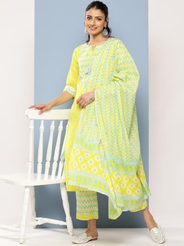 Image of Libas Yellow Yoke Design Cotton Straight Kurta with Trousers & Dupatta
