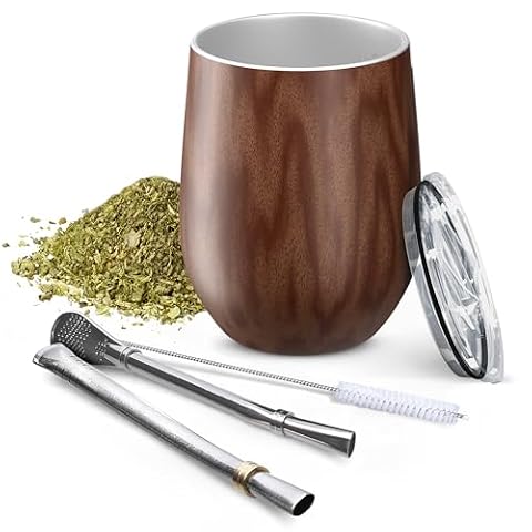 Aquafloow Kubek do Yerba Mate 350 ml + 2 Stalowe Słomki, Kubek z Podwójnymi Ściankami do Yerba Mate | Pokrywka Wolna od BPA, Zestaw do Herbaty ze Stali Nierdzewnej do Mate, Yerba – Brązowy