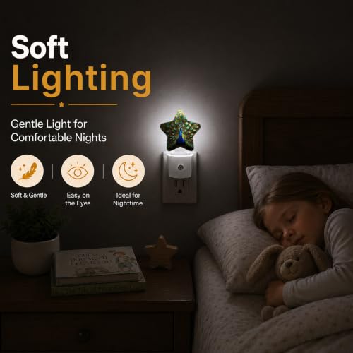Image of Peacock Plug in Star Night Light, Night Light with Sensor for Kids Nursery Bedroom, Decorative Soft Glow Lamp for Hallway Bathroom, Energy Saving