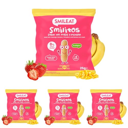 Smileat | Bolsas de Smilitos Ecológicos para Niños Sabor Fresa y Plátano | Gusanitos Saludable para Niños | Snack Saludable de Maíz | Alternativa Merienda Infantil Sana | 1 Bolsa de 25 g
