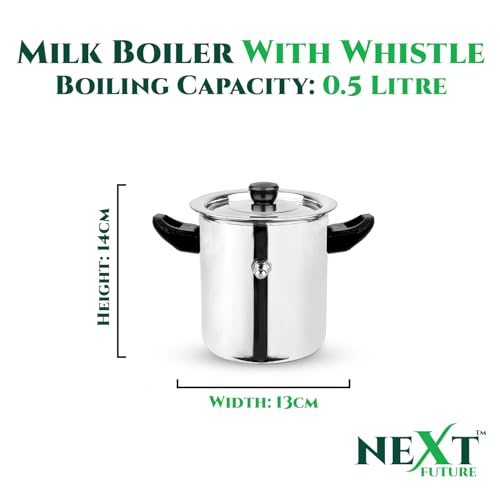 Image of Next Future Premium Stainless Steel Milk Cooker /Boiler /Pot with Handle,Lid,Knob,Whistle | Capacity: 500ml | Gas and Induction Compatible with Whistle Indication.