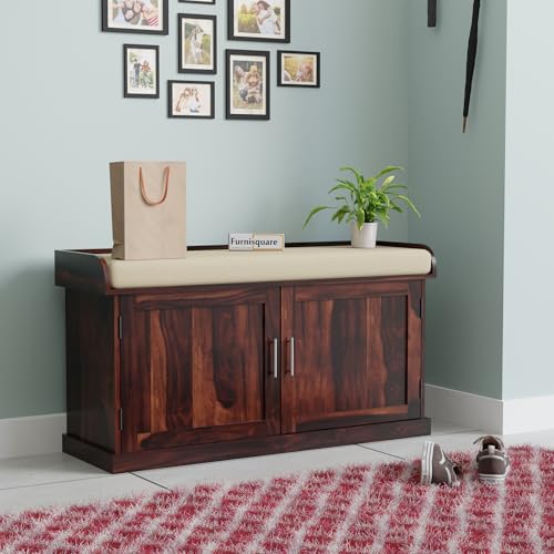 Solid Sheesham Wood Shoe Cabinet with Cushion Seating & 2 Door St...