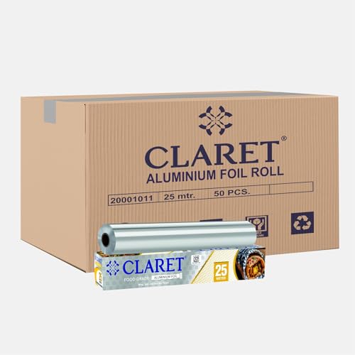 Image of Claret Aluminium Foil 25 Meter | Food-Grade, Extra Strong & Durable | Retains Freshness & Keeps Food Warm | Ideal for Wrapping, Baking, Grilling & Storing Food (Pack of 50)
