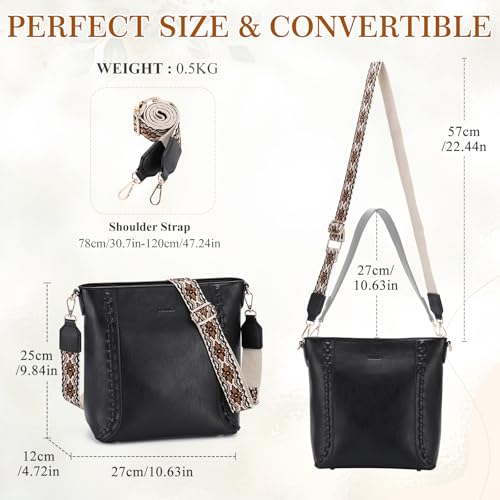 RAVUO Crossbody Bag for Women, Vegan Leather Bucket Handbag Shoulder Purse Trendy Lady Bag w Adjustable Guitar Strap2