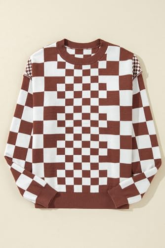 Women's Brown Checkered Print Drop Shoulder Round Neck Sweater4