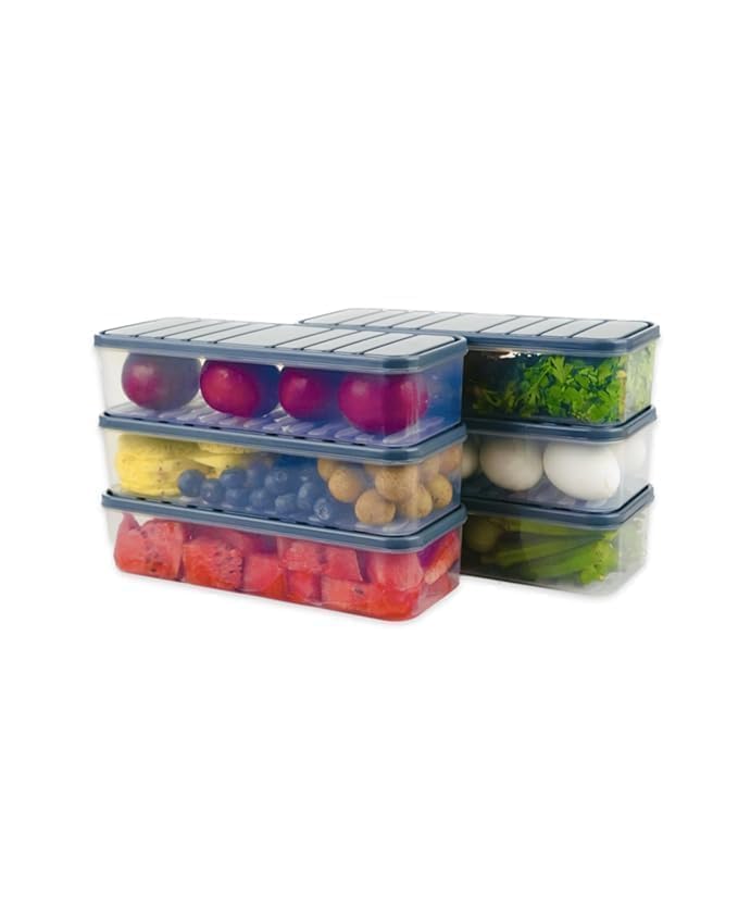 Image of SPIREX Fridge Storage Containers (Pack of 6), Fridge Organiser Storage Boxes with Lids, Stackable Organizer, Kitchen Accessories Items for Home Keep Fruits, Vegetables Fresher, 1200 ML